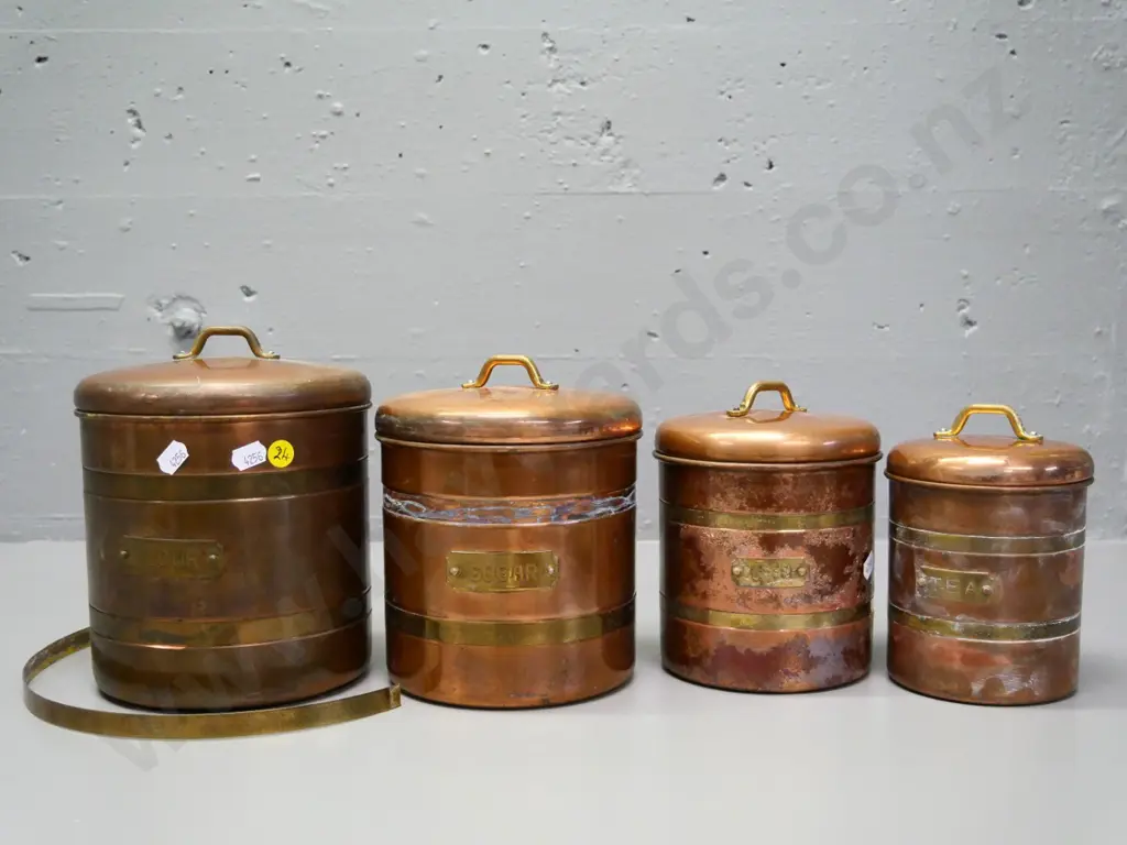 set of 4 brass-bound copper canisters - flour. sugar, coffee and tea, largest H-200, one brass band has come off sugar Image 1++
