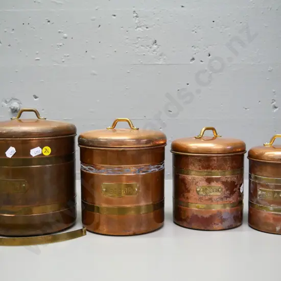 set of 4 brass-bound copper canisters - flour. sugar, coffee and tea, largest H-200, one brass band has come off sugar