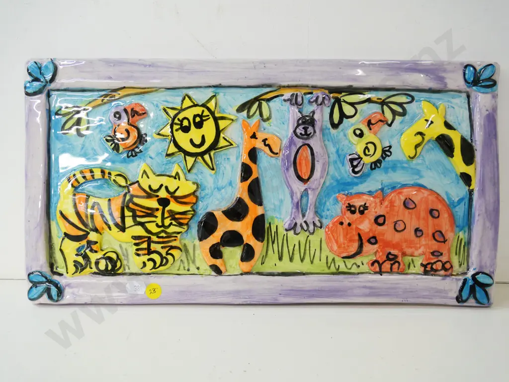 studio pottery hand painted animal wall tile - signed MK '98 - small casting fault on corner Image 1++