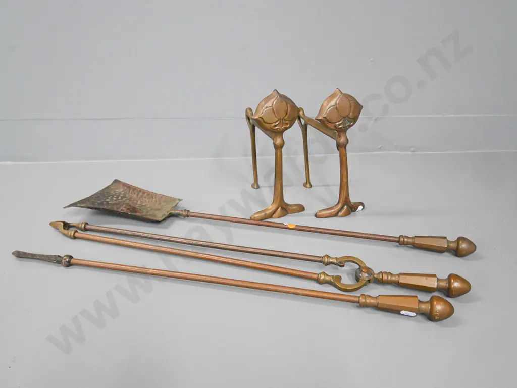 art nouveau set of 3 fire irons and a pair of fire dogs Image 1++