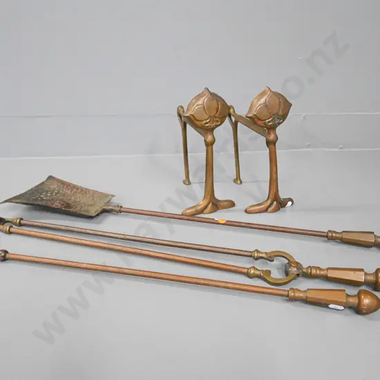 art nouveau set of 3 fire irons and a pair of fire dogs