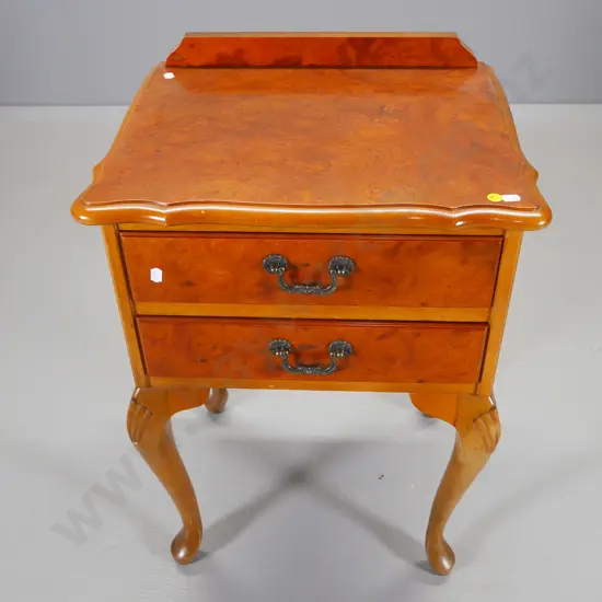 mahogany 2-drawer bedside cabinet w/ burr walnut top and drawer fronts H-670 W-460 D-380