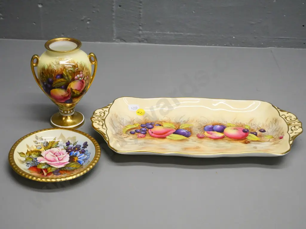 3 pieces of signed Aynsley fruits pattern - sandwich tray N. Brunt, small handled vase D. Jones, small dish L.A. Bailey Image 1++