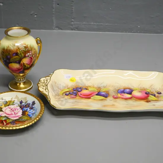 3 pieces of signed Aynsley fruits pattern - sandwich tray N. Brunt, small handled vase D. Jones, small dish L.A. Bailey