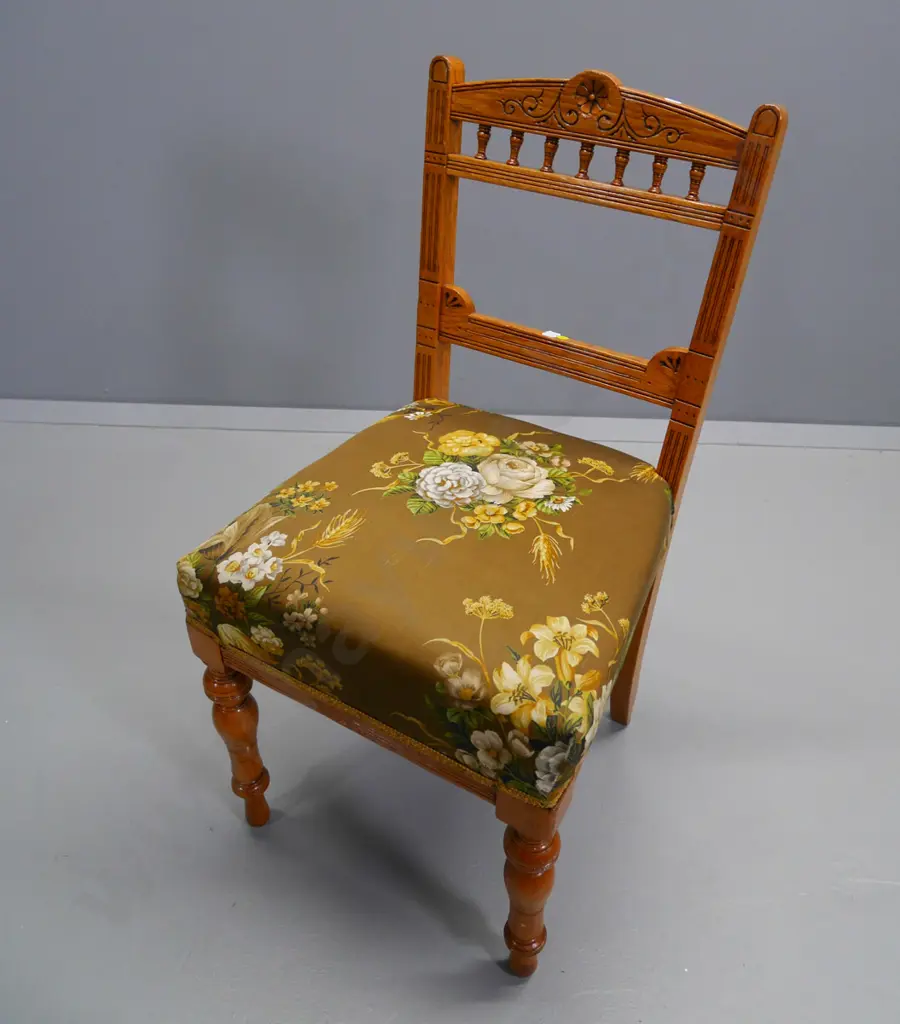 Edwardian oak carved back dining chair with floral print upholstered seat, brackets added to rear legs H900 W470 D460 Image 1++