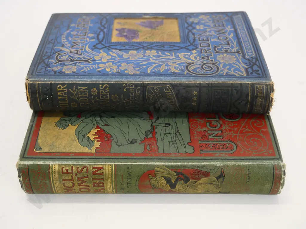 2 books: Familiar Garden Flowers, 3rd series, 40 colour plates, 1888 inscription & Uncle Tom's Cabin 1890 - marks & wear Image 1++