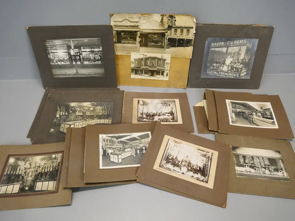 collection of vintage mounted photographs of Barton's Dunedin butchery locations - some duplicates, varying conditions Image 1++