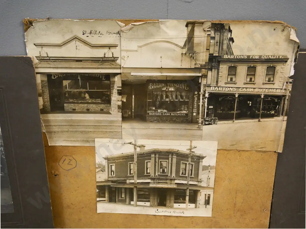 collection of vintage mounted photographs of Barton's Dunedin butchery locations - some duplicates, varying conditions Image 1++