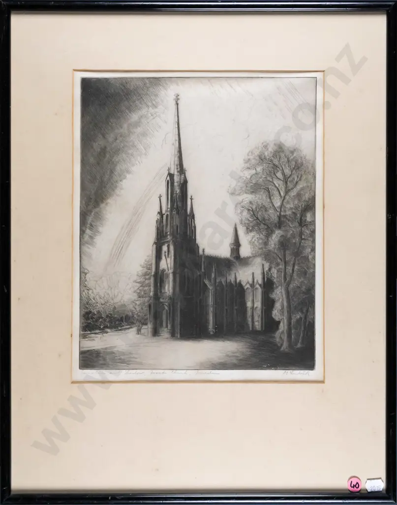 framed etching - "Sunshine and Shadows, First Church, Dunedin" H-300 W-240 Image 1++