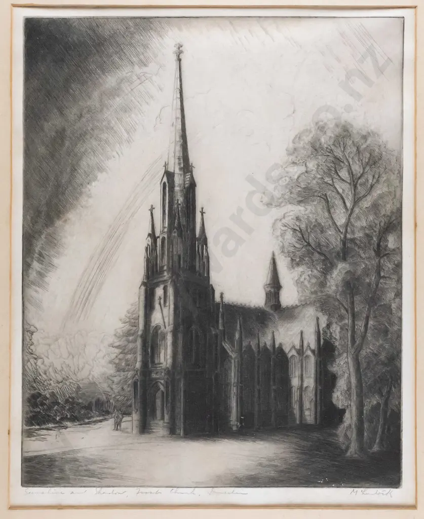 framed etching - "Sunshine and Shadows, First Church, Dunedin" H-300 W-240 Image 1++