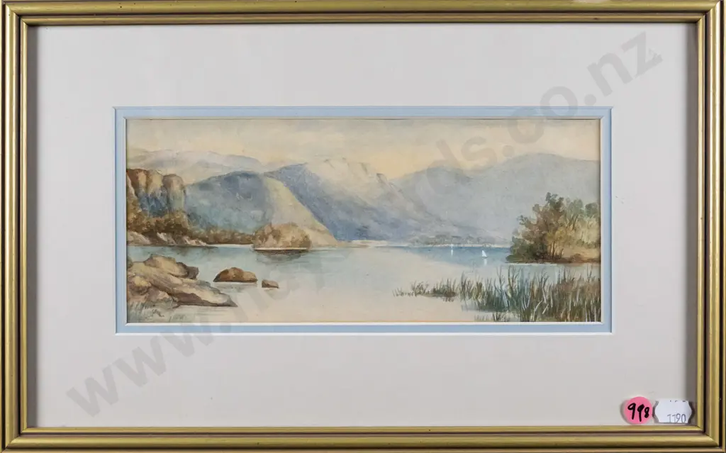 framed watercolour - lake and mountain scene H-100 W-230 Image 1++