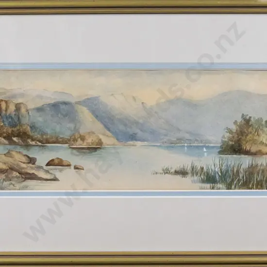 framed watercolour - lake and mountain scene H-100 W-230