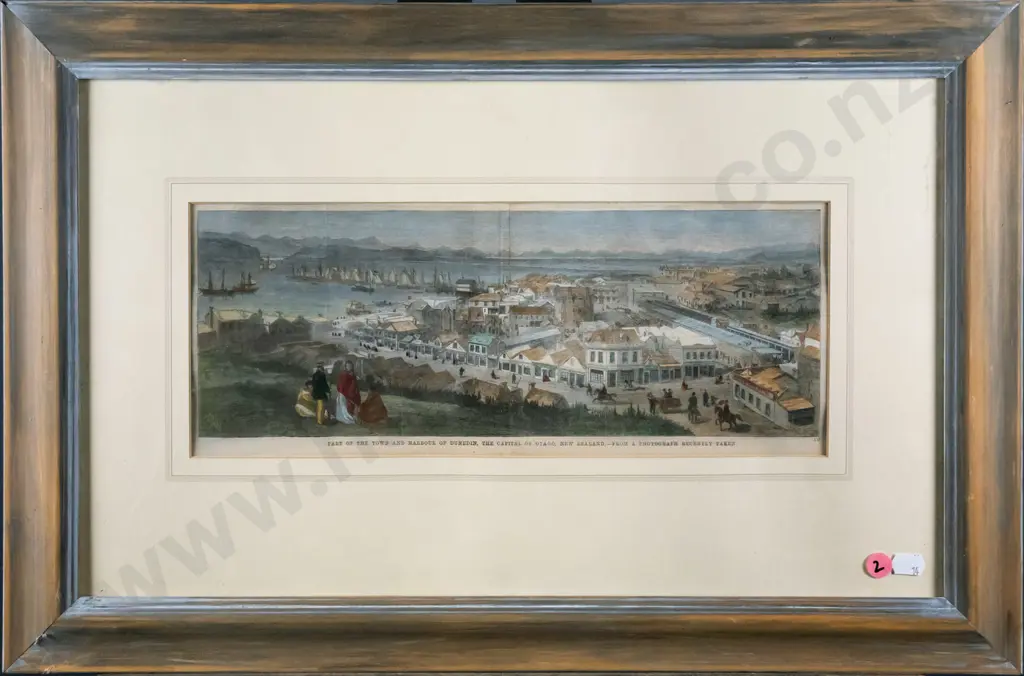 framed vintage hand coloured print from an English newspaper- Part of the Town and Harbour of Dunedin... Image 1++