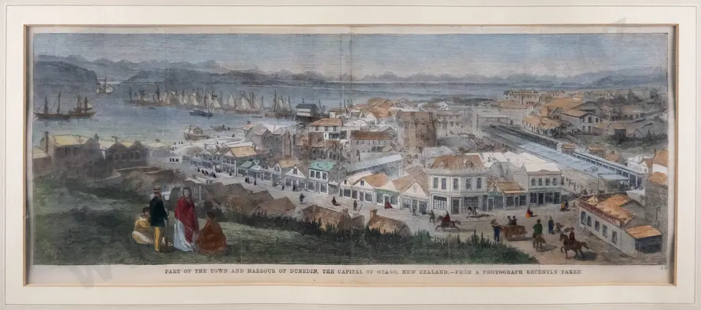 framed vintage hand coloured print from an English newspaper- Part of the Town and Harbour of Dunedin... Image 1++
