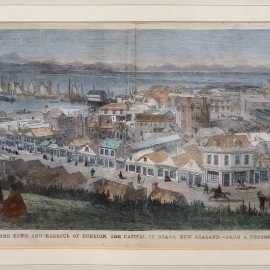 framed vintage hand coloured print from an English newspaper- Part of the Town and Harbour of Dunedin...