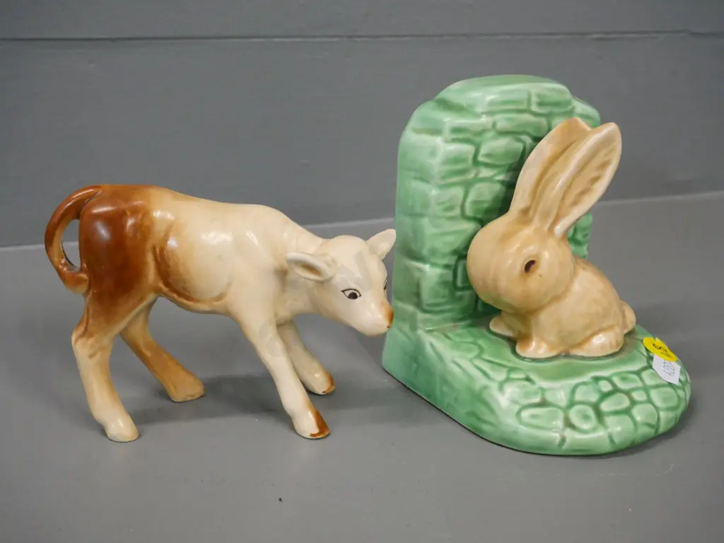 Sylvac rabbit book-end No 1311 (one only) and calf figure No. 1431. Book-end is H-120 Image 1++