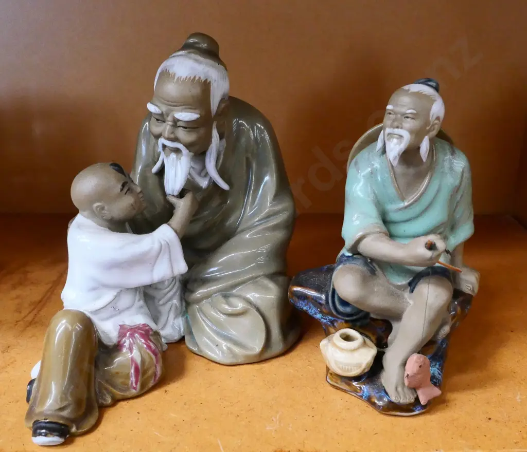 2 "mud" pottery figures - old man with young boy and a fishermen Image 1++