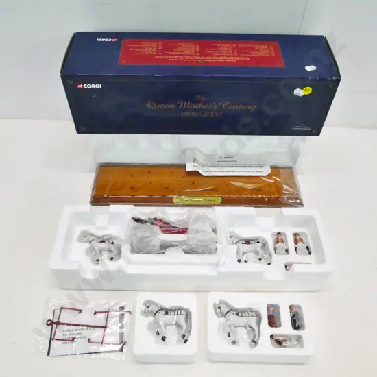 Corgi Queen Mother's Century state landau coach and horses set - pieces sealed, in box, with wooden base etc.