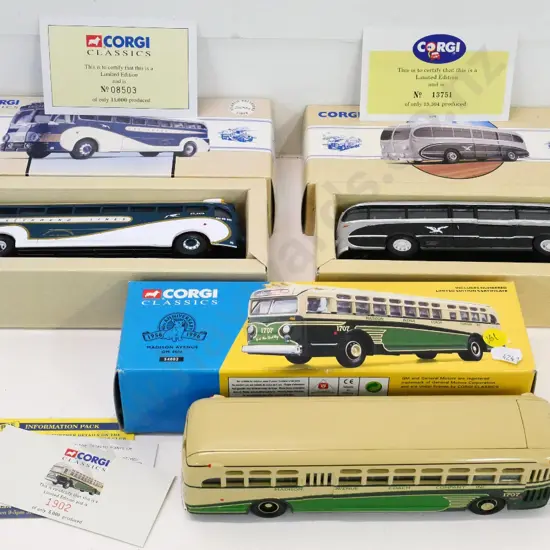 3 limited edition die-cast Corgi Classics passenger buses with boxes and certificates