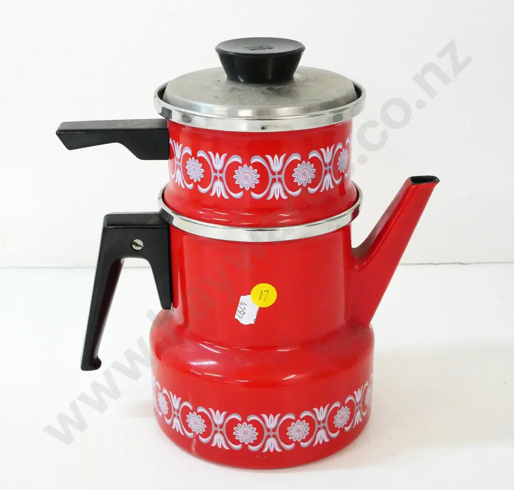 retro red enamel 2-part tea or coffee pot with inserts H-250 Image 1++