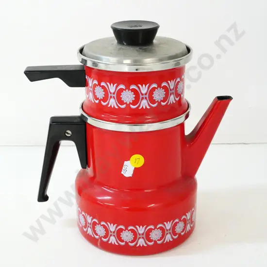 retro red enamel 2-part tea or coffee pot with inserts H-250