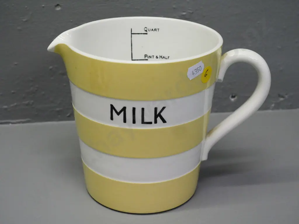Cornish ware green mark milk jug - yellow and white stripe with measuring marks inside H-150 W-190 Image 1++