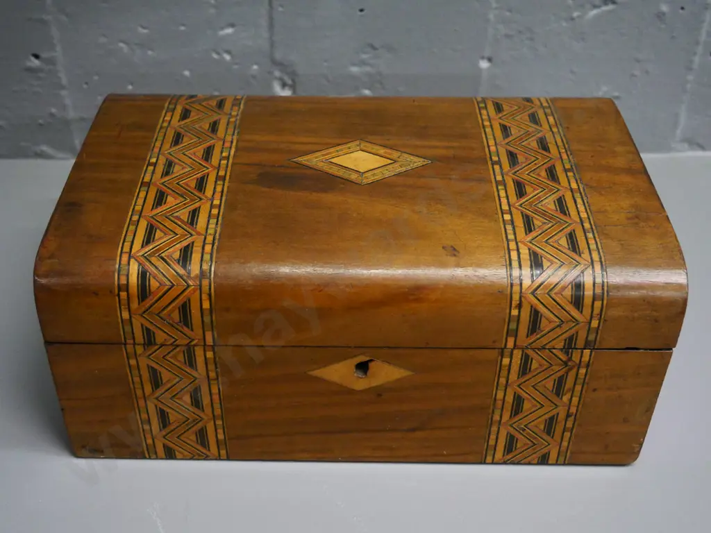 mixed timber inlaid wooden box - no interior fittings, minor damage here and there H-120 W-280 D-170 Image 1++
