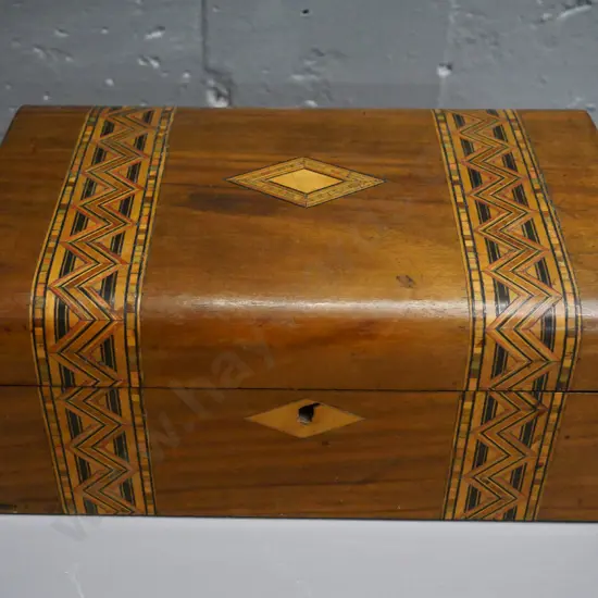 mixed timber inlaid wooden box - no interior fittings, minor damage here and there H-120 W-280 D-170