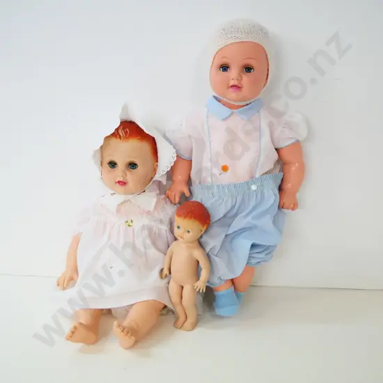 3 vintage dolls - 2 dressed, one smaller - one with bonnet is H-550