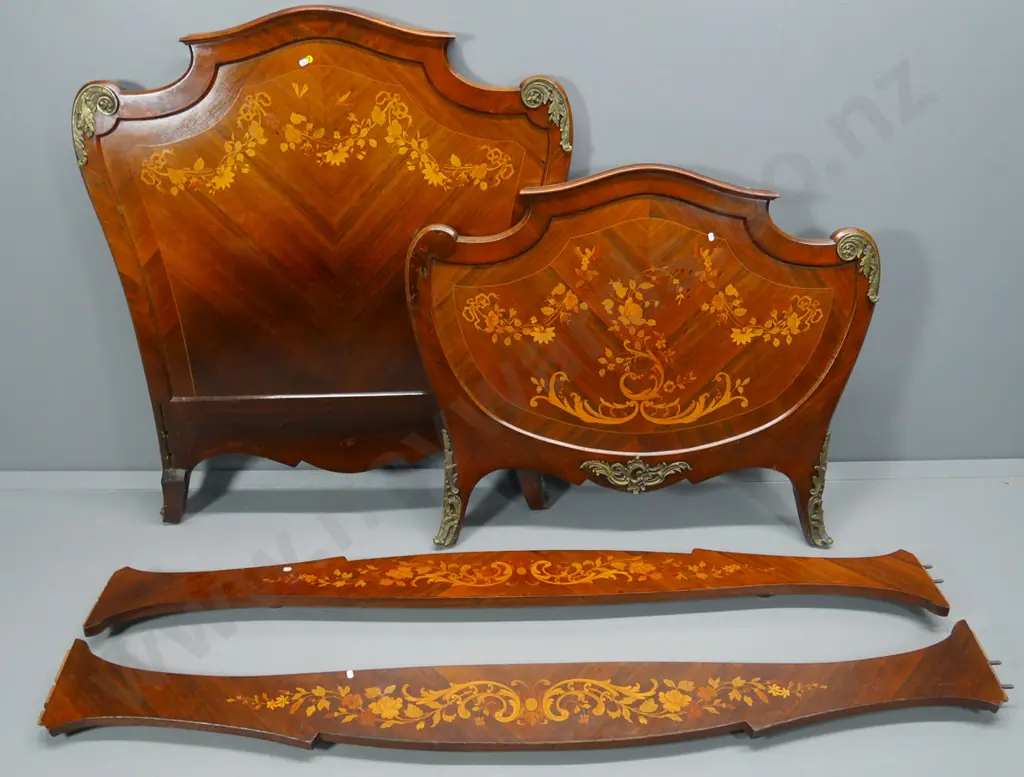 oak and other timbers single bed frame - ornate inlay & ormolu, one metal trim piece missing. Head H1240 W1080 Image 1++