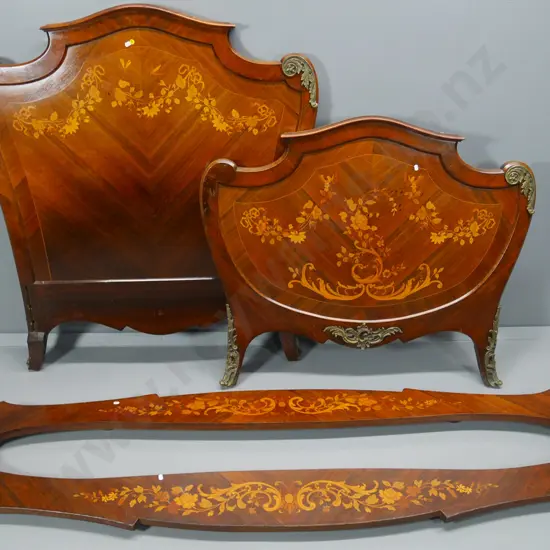 oak and other timbers single bed frame - ornate inlay & ormolu, one metal trim piece missing. Head H1240 W1080
