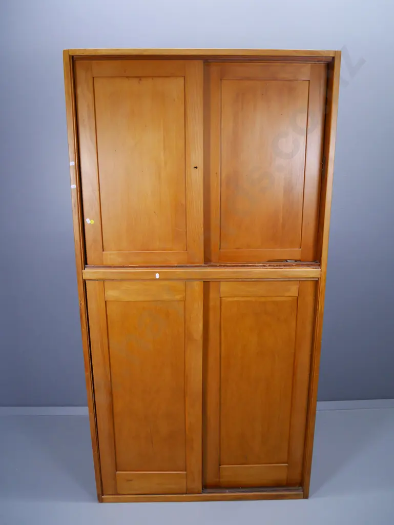 vintage rimu office cupboard with upper and lower sliding doors internal document dividers H-1860 W-950 D-350 Image 1++