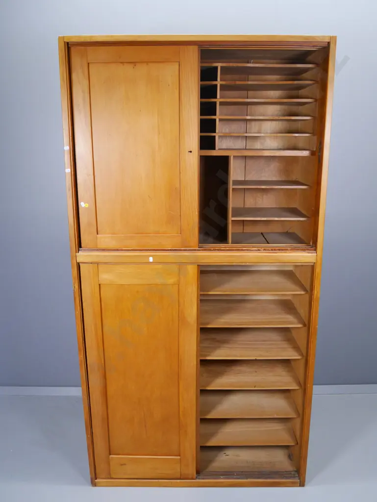 vintage rimu office cupboard with upper and lower sliding doors internal document dividers H-1860 W-950 D-350 Image 1++