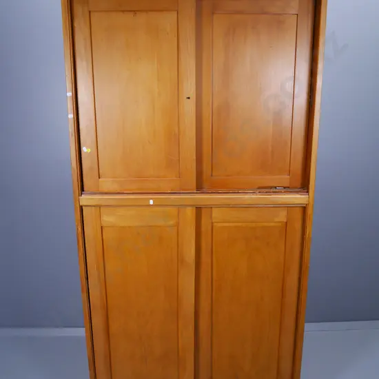 vintage rimu office cupboard with upper and lower sliding doors internal document dividers H-1860 W-950 D-350