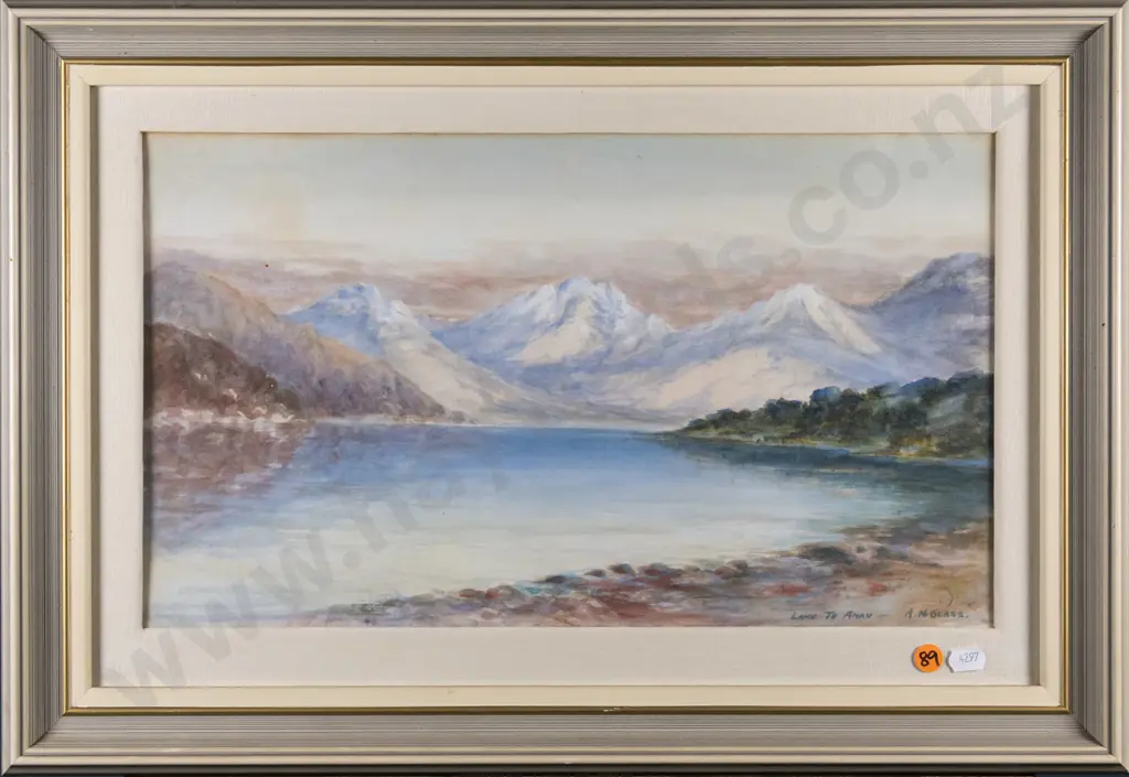 A N Glass - framed watercolour - Lake Te Anau H-250 W-420 Image 1++