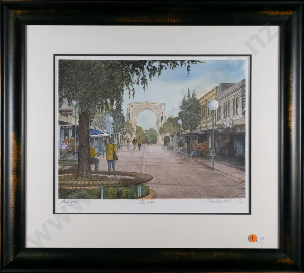 signed Peter Leitch print - City Mall Christchurch H-240 W-320 Image 1++