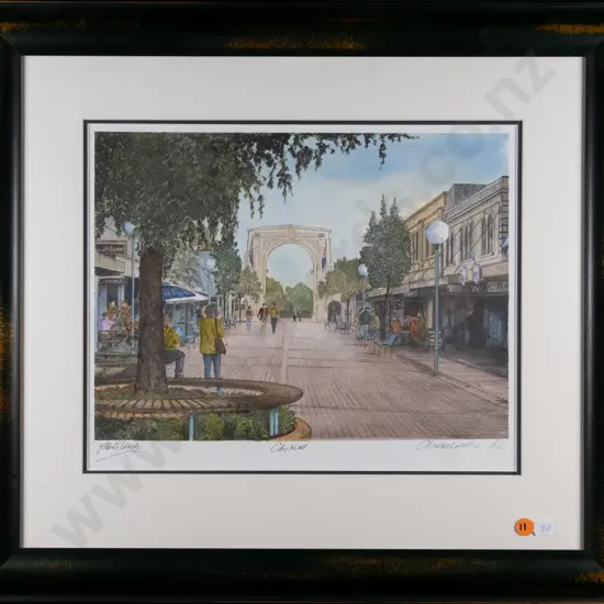 signed Peter Leitch print - City Mall Christchurch H-240 W-320