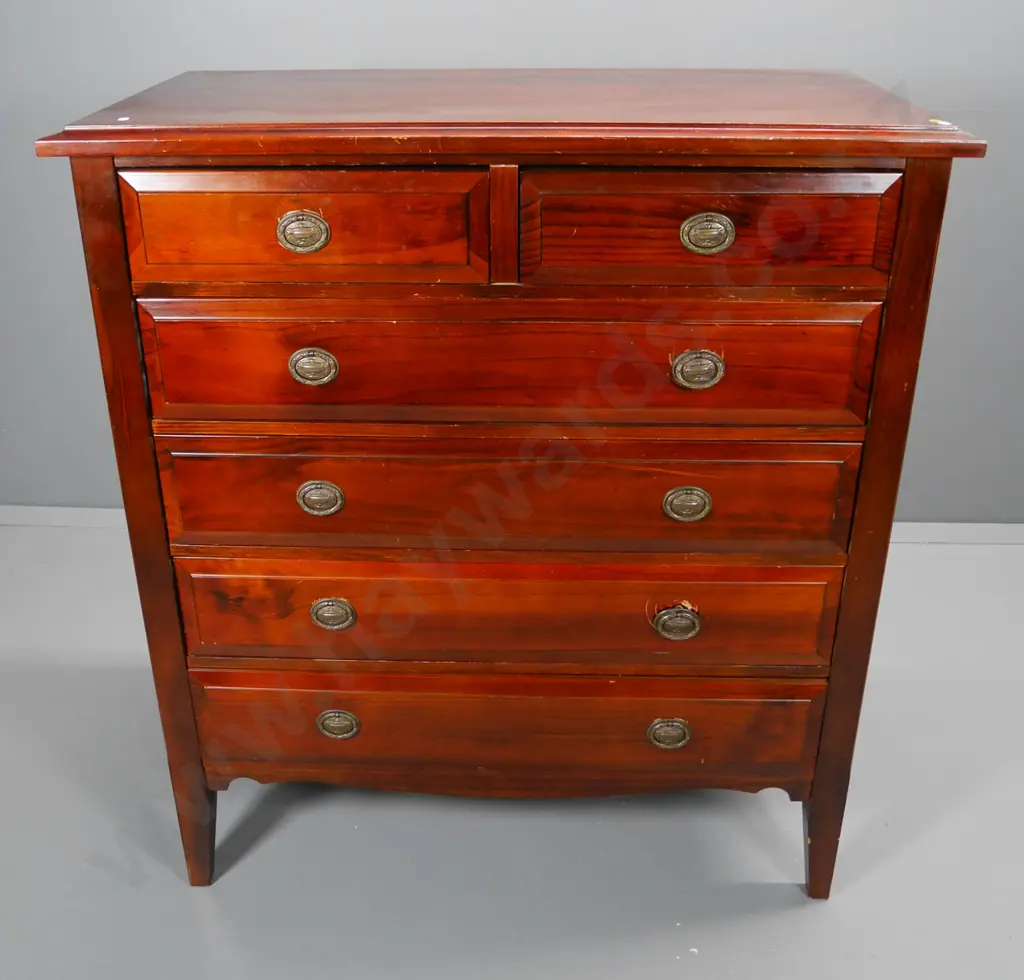 pine 6-drawer bedroom chest with metal drop handles, some wear to polish H-1220 W-1090 W-530 Image 1++