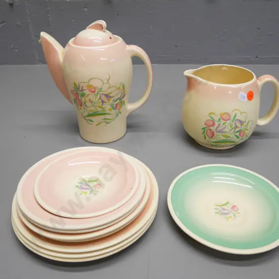 Susie Cooper coffee pot and matching jug and assorted side plates and saucers