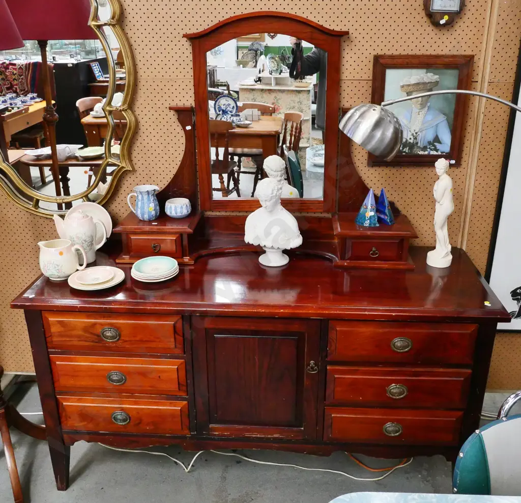 pine dressing table with tilt mirror, 8 drawers & cabinet, metal drop handles H-1600 W-1470 D-530 Image 1++