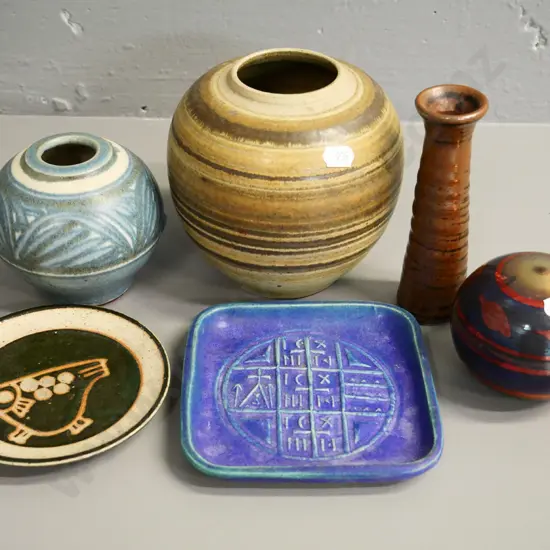 6 pieces New Zealand pottery - dishes, vases, lustre glaze globe, etc. Taller pot is H-135 Diameter 140