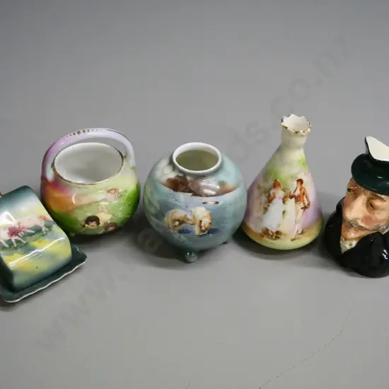 5 small china items - Royal Bayreuth miniature cover dish, pot & 2 vases and Kelsboro Toby jug H-90
