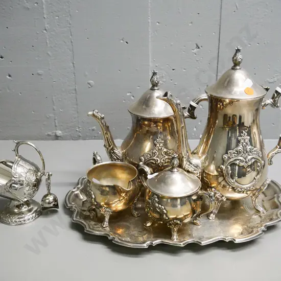 Rodd relief-pattern silver plated tea set & a plated tray and sugar scuttle w/scoop