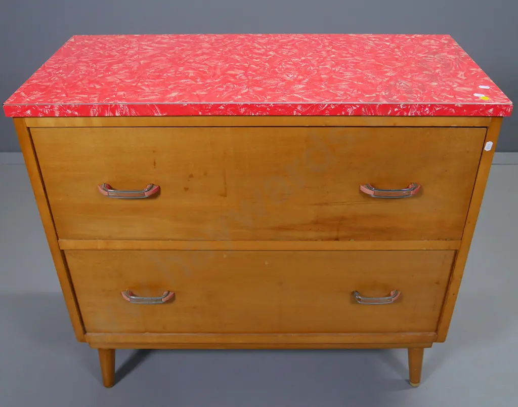 retro blonde timber 2-drawer chest with red formica top, chrome and plastic handles H-760 W-640 D-380 Image 1++