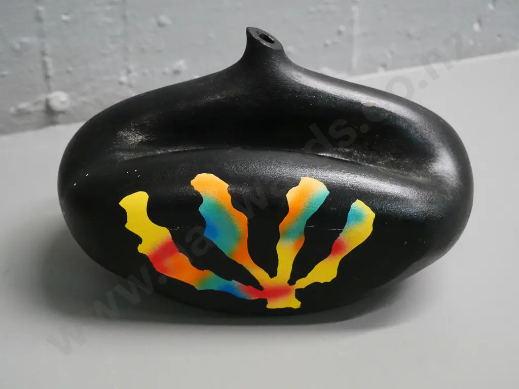 black and multi-colour studio pottery vase marked RW '85 H-120 L-200 Image 1++