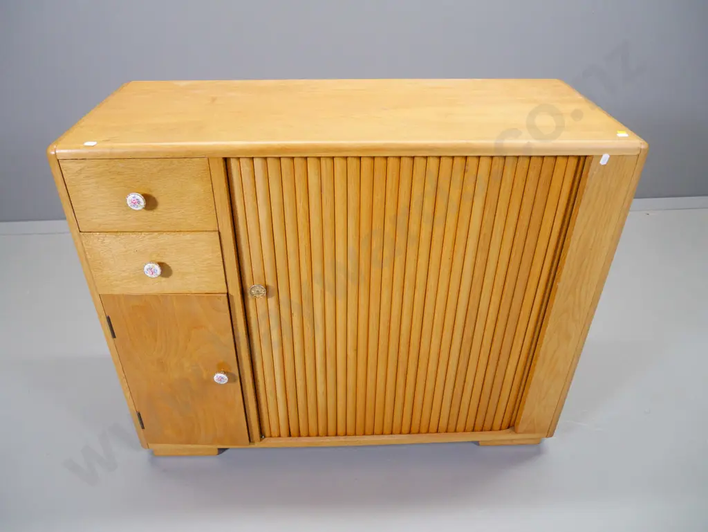 retro blonde oak small sideboard with tambour door (sticks) 2 drawers, cabinet door, mismatched handles H760 W940 D370 Image 1++