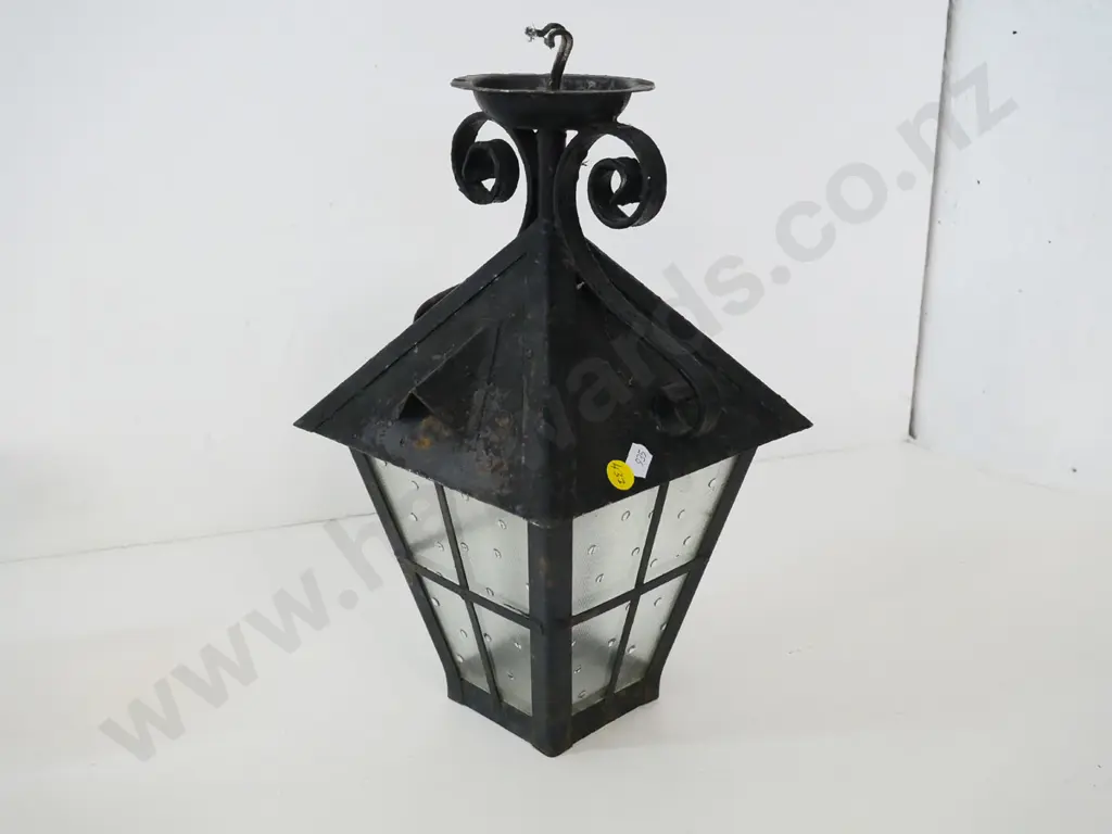 metal and glass lantern shape exterior centre light fitting - some corrosion H-325 W-180 D-180 Image 1++