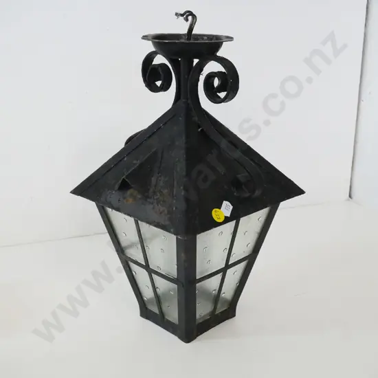metal and glass lantern shape exterior centre light fitting - some corrosion H-325 W-180 D-180