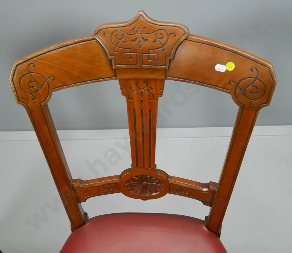 3 matching vintage mahogany carved back dining chairs with studded leatherette seats, looseness in joints H930 W460 D440 Image 1++