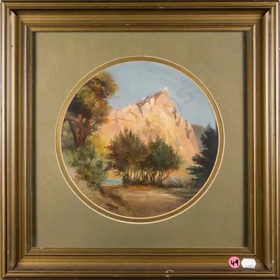 framed concave oil - tree, river and hill scene Diam-190
